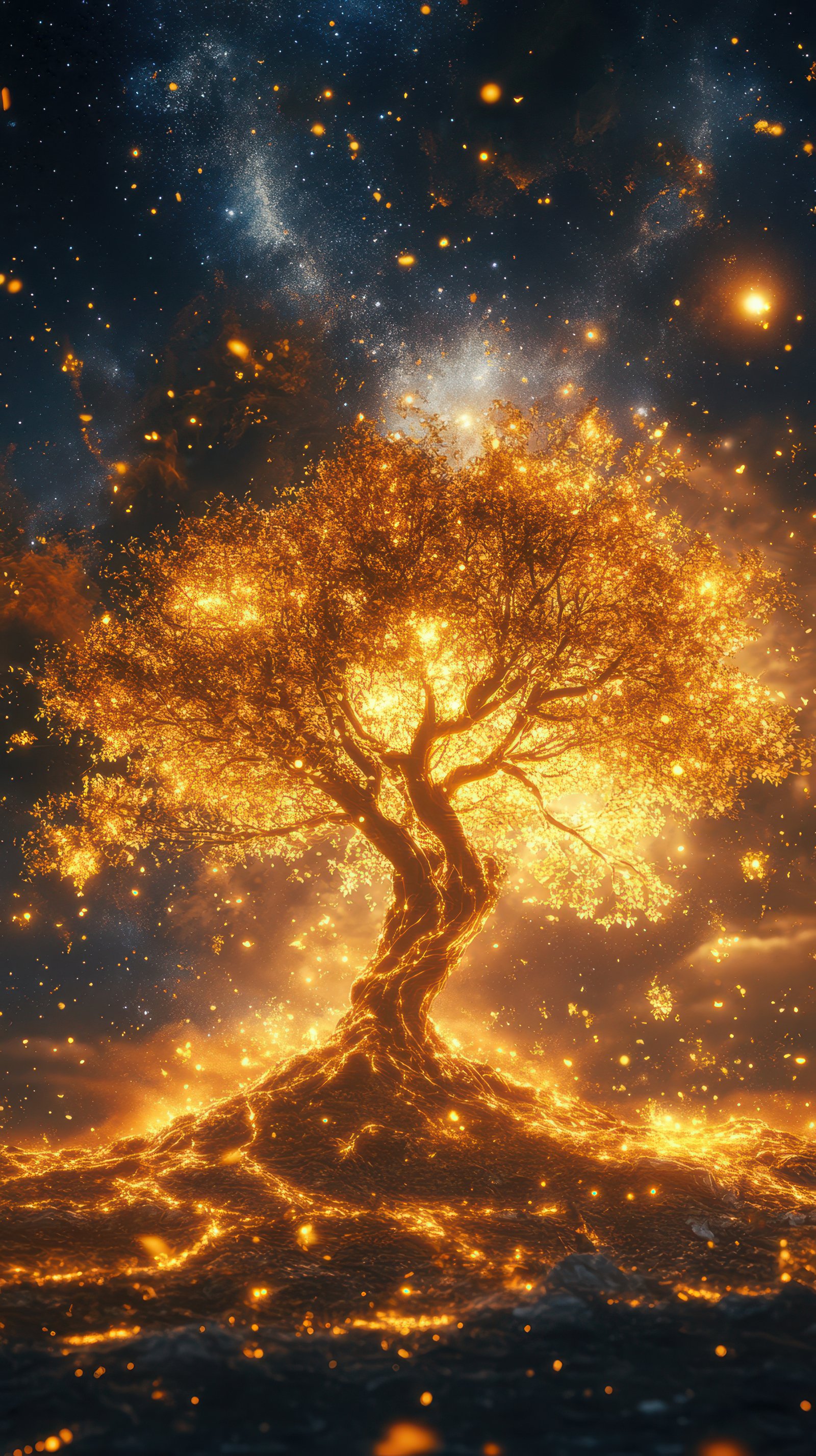 Luminous tree glowing amidst a starry cosmic background at twilight